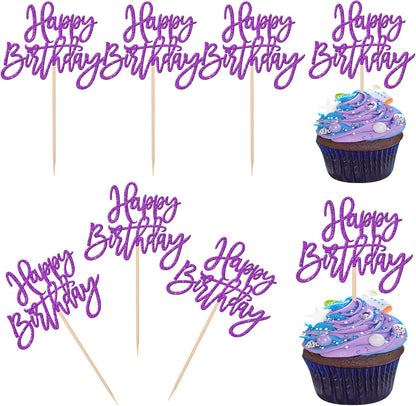 Zhuoweism purple glitter Happy Birthday cupcake toppers front view
