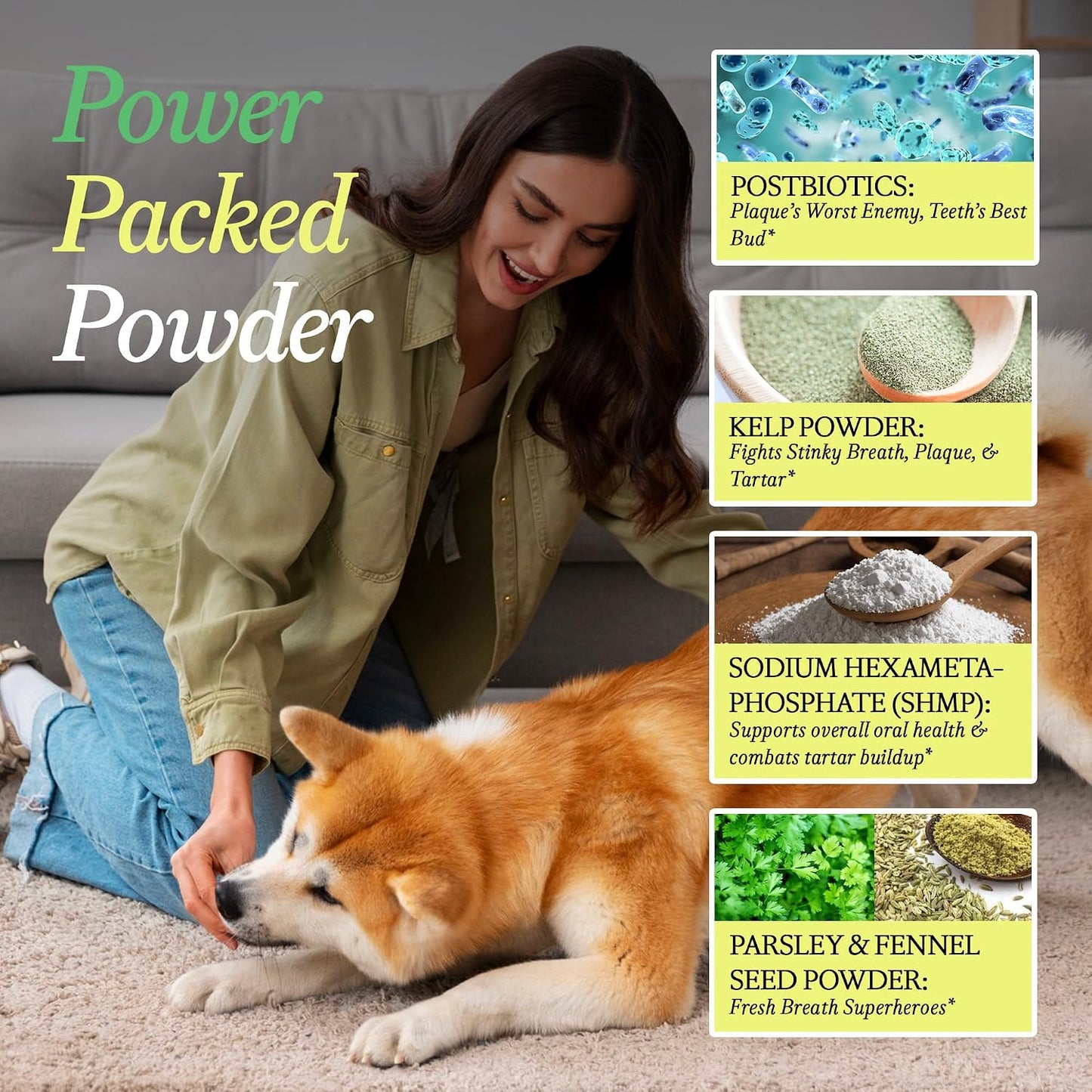 OTHER HALF oral health postbiotic powder container next to a happy dog enjoying fresh breath