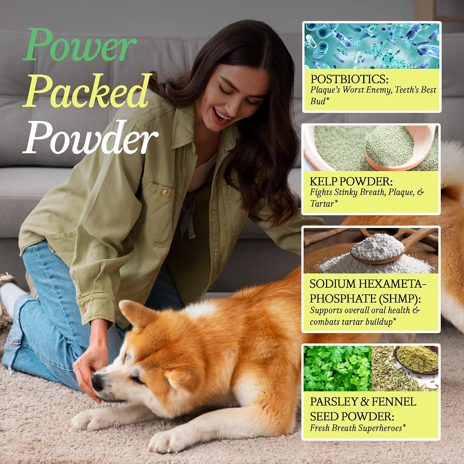 OTHER HALF oral health postbiotic powder container next to a happy dog enjoying fresh breath