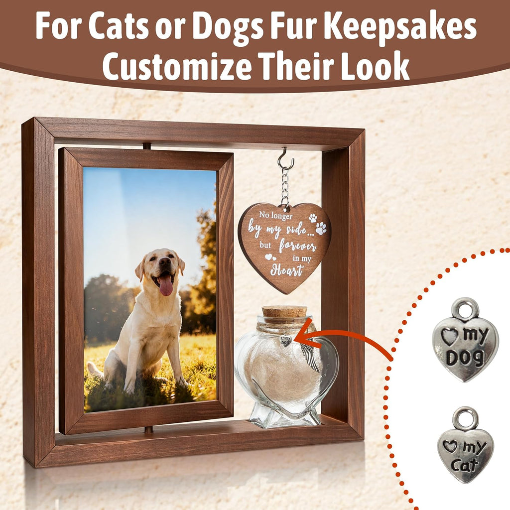 Solid wood pet bereavement frame with integrated glass fur keepsake jar.
