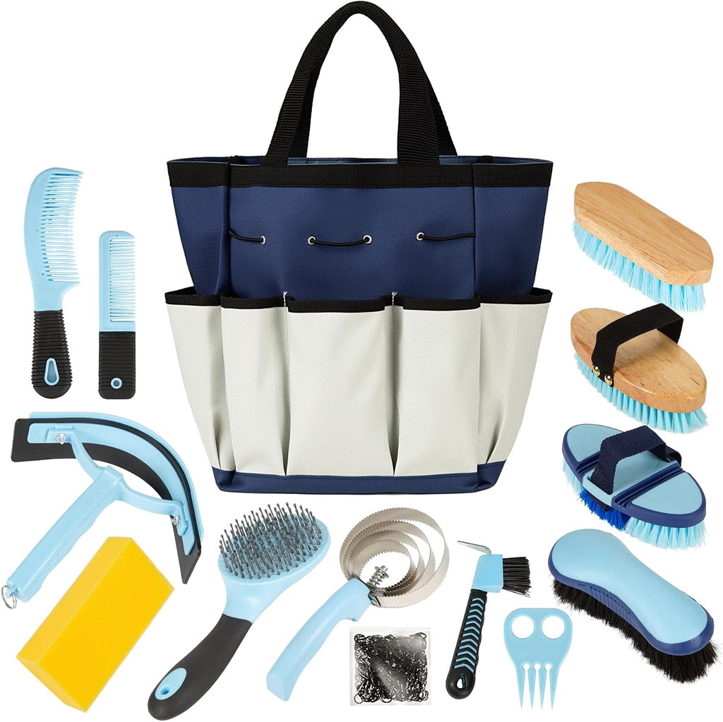 Rouisxue 14-in-1 Professional Horse Grooming Kit front view showcasing the complete blue and white organized supplies set inside the waterproof tote bag.