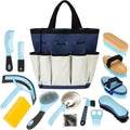 Rouisxue 14-in-1 Professional Horse Grooming Kit front view showcasing the complete blue and white organized supplies set inside the waterproof tote bag.