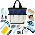 Rouisxue 14-in-1 Professional Horse Grooming Kit front view showcasing the complete blue and white organized supplies set inside the waterproof tote bag.