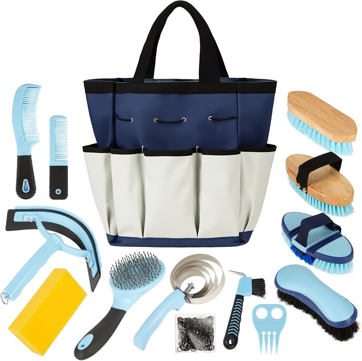 Rouisxue 14-in-1 Professional Horse Grooming Kit front view showcasing the complete blue and white organized supplies set inside the waterproof tote bag.