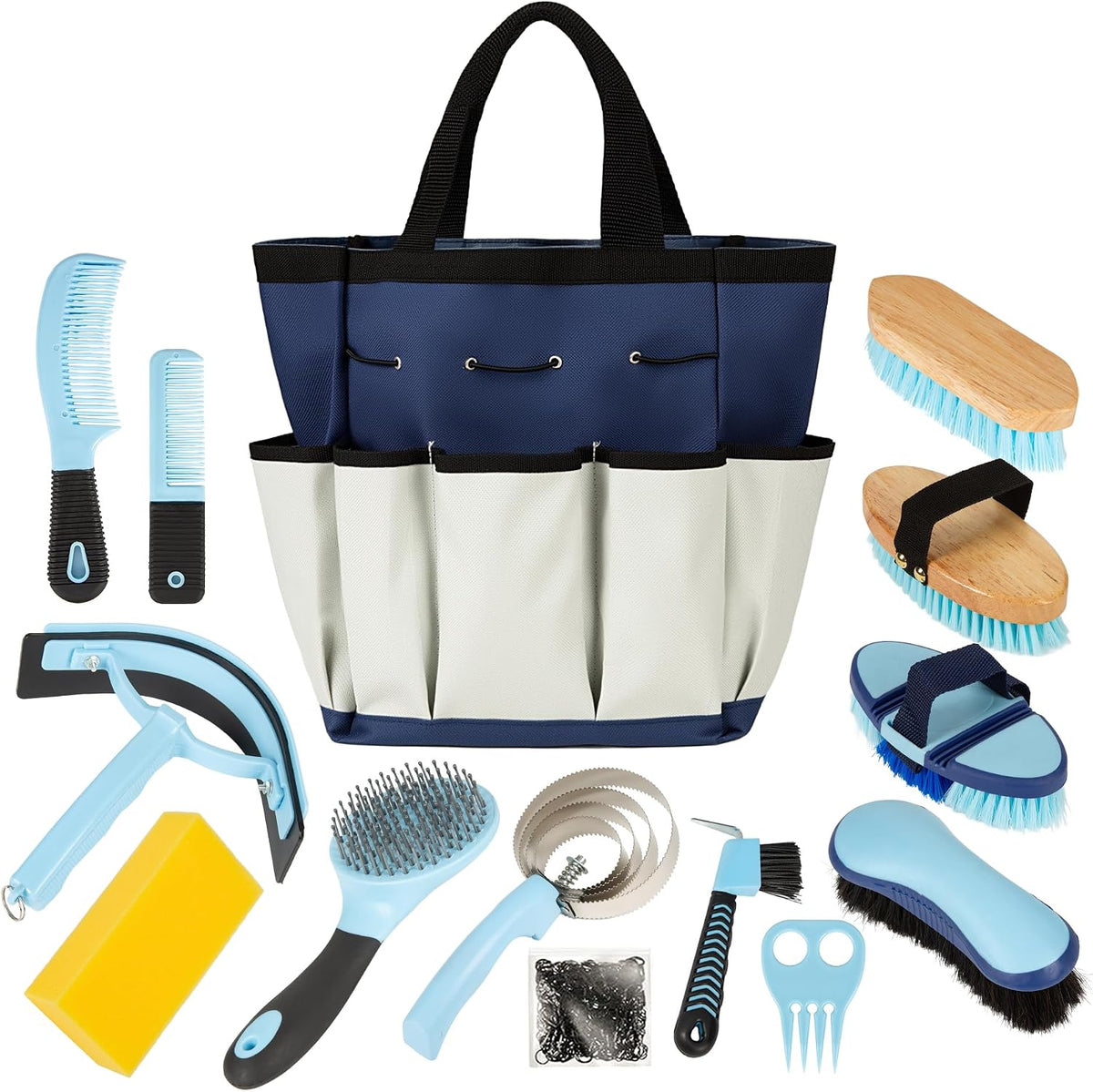 Rouisxue 14-in-1 Professional Horse Grooming Kit front view showcasing the complete blue and white organized supplies set inside the waterproof tote bag.