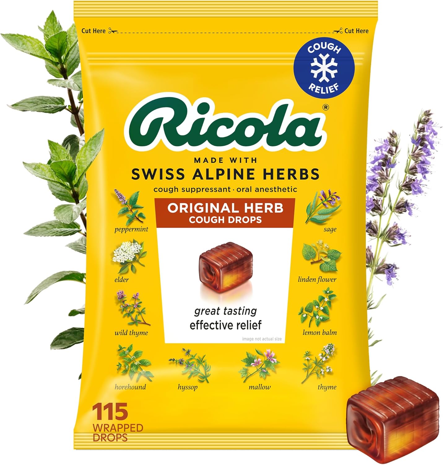 Ricola Original Herb Cough Drops 115 Count front packaging showing Swiss herb ingredients.