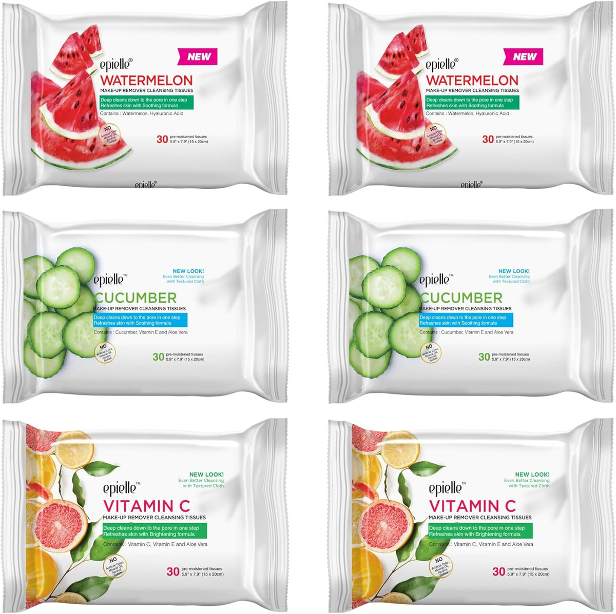 Epielle Watermelon Makeup Remover Wipes front view showing 6 pack bundle
