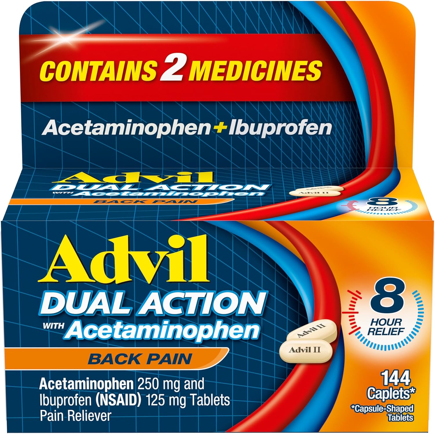 Advil Dual Action Back Pain Caplets Delivers 125mg Ibuprofen and 250mg Acetaminophen Per Dose for 8 Hours of Back Pain Relief - 144 Count - Image 1