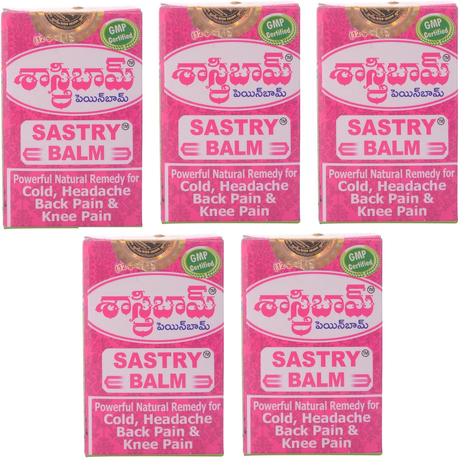 Sastry Balm Ayurvedic Painbalm pack of five front view for natural headache relief.