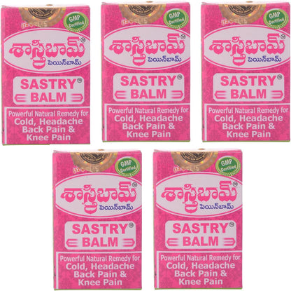 Sastry Balm Ayurvedic Painbalm pack of five front view for natural headache relief.