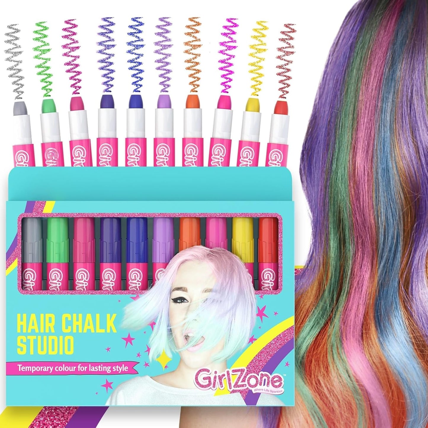 GirlZone Hair Chalk Set 10-Piece front view of the packaging showcasing vibrant and metallic temporary color pens for kids dress up.