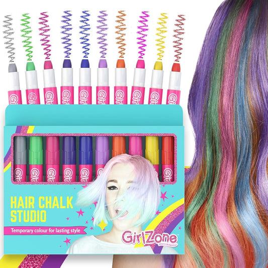 GirlZone Hair Chalk Set 10-Piece front view of the packaging showcasing vibrant and metallic temporary color pens for kids dress up.