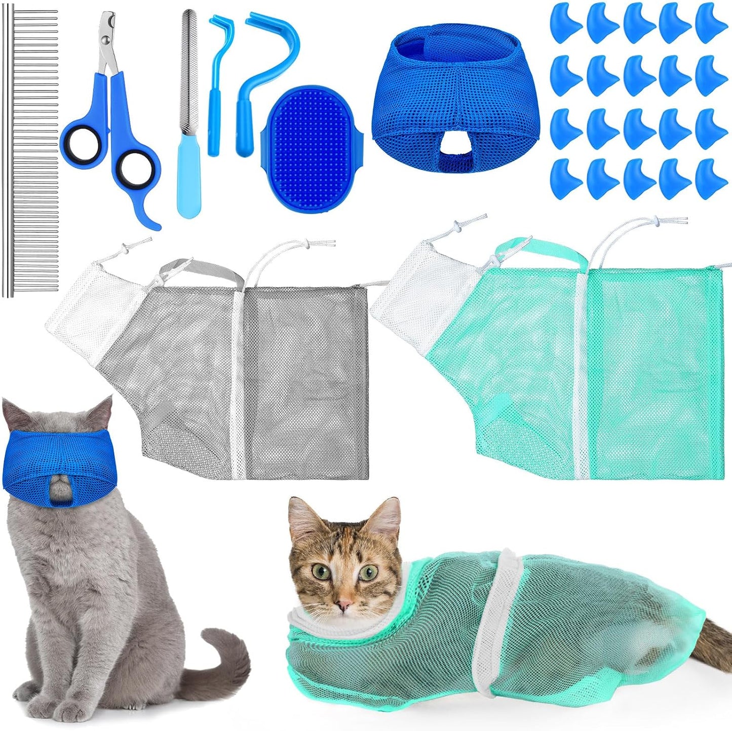 10 Pcs Cat Bathing Bag Set Pet Mesh Shower Bag Anti Bite and Scratch Pet Grooming for Washing Brush, Cat Muzzle, Nail Clipper, Nail File, Tick Tool(Gray and Black) - Image 10