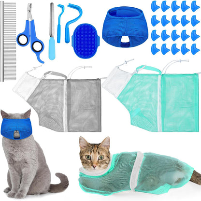 10 Pcs Cat Bathing Bag Set Pet Mesh Shower Bag Anti Bite and Scratch Pet Grooming for Washing Brush, Cat Muzzle, Nail Clipper, Nail File, Tick Tool(Gray and Black) - Image 10