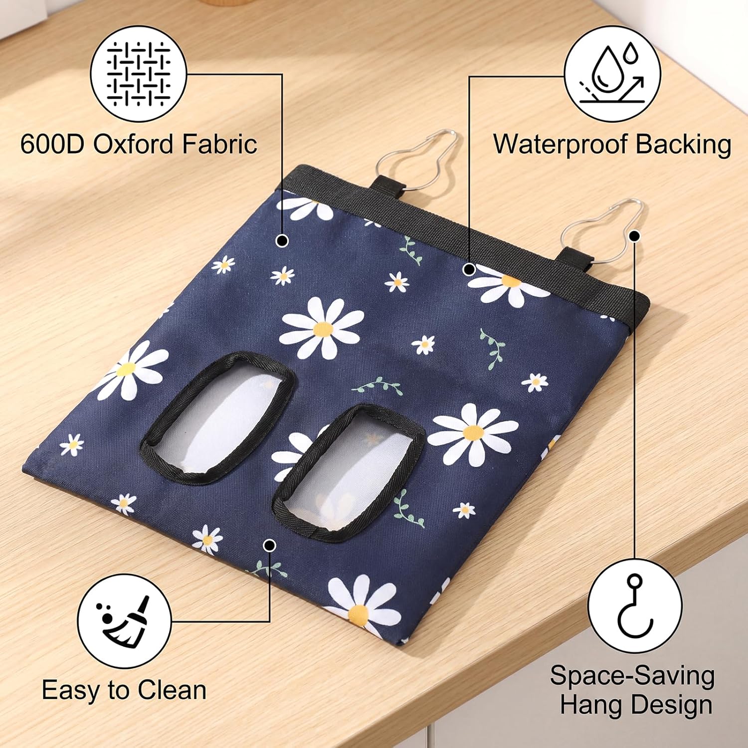 Ondware Rabbits Hay Feeder Bag for Bunny - Hanging Washable Dual-Port Hay Dispenser for Rabbits, Guinea Pigs; 600D Oxford Fabric, Collapsible, Blue Daisy Pattern - Image 3