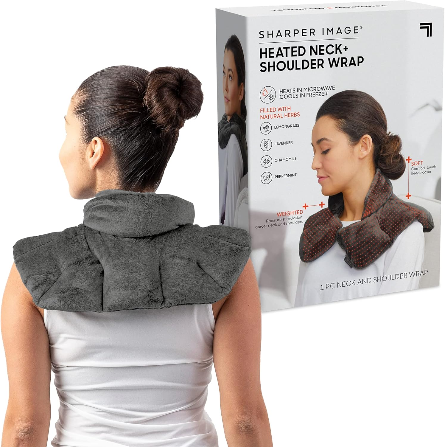 Sharper Image Heated Neck And Shoulder Wrap front view showing plush gray fleece material