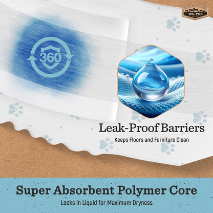 Adjustable adhesive tabs on Dr. Pol disposable male dog wraps for a secure fit.