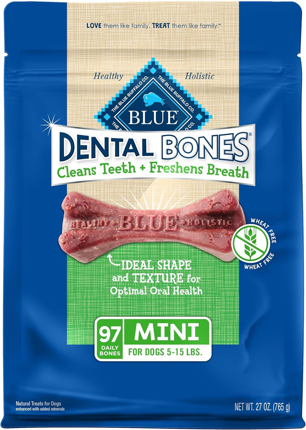 Back of Blue Buffalo Dental Bones Jumbo Pack displaying the full ingredient list and feeding guidelines.