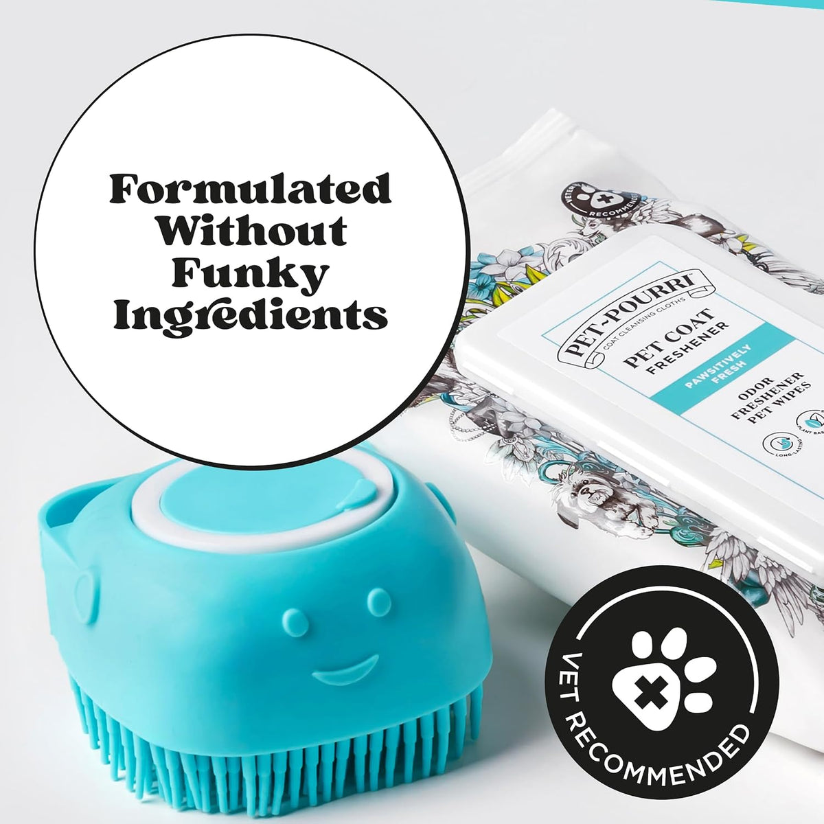 Poo-Pourri pet coat freshener packaging showing the gentle aloe and chamomile ingredients.