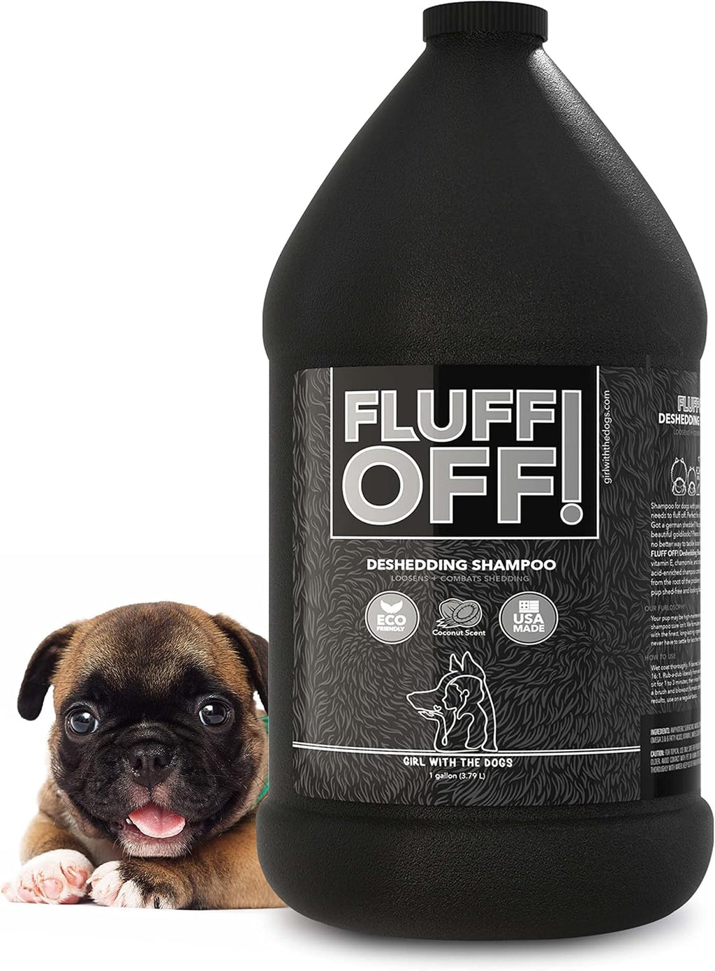Back of Fluff Off pet shampoo bottle showing usage instructions