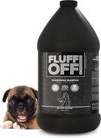 Back of Fluff Off pet shampoo bottle showing usage instructions