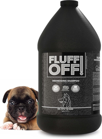 Back of Fluff Off pet shampoo bottle showing usage instructions