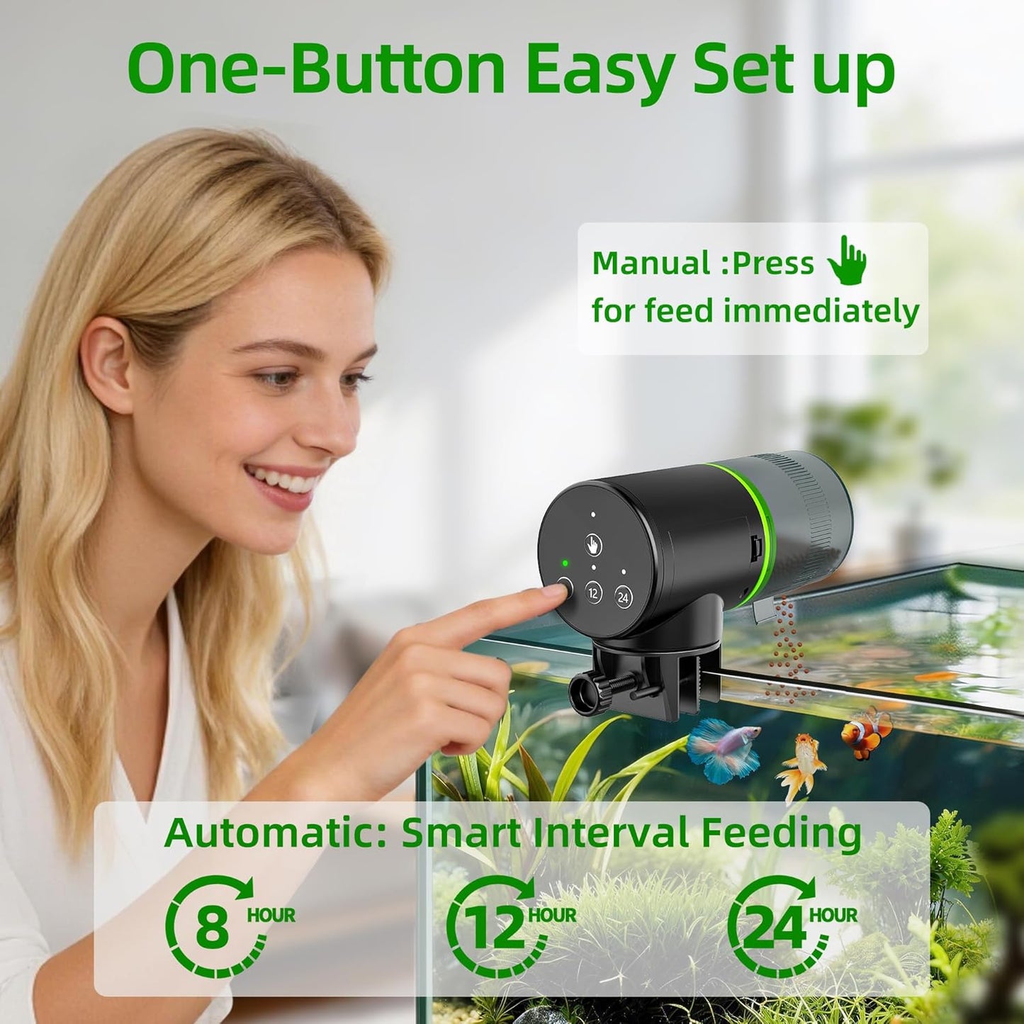 USA imported automatic fish dispenser showing the three timer setup buttons.