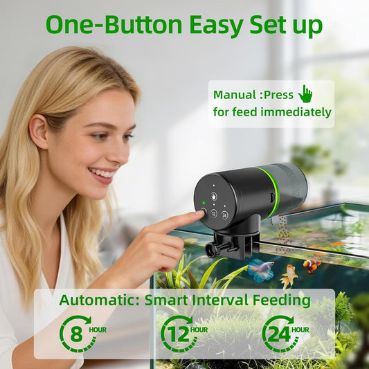 USA imported automatic fish dispenser showing the three timer setup buttons.