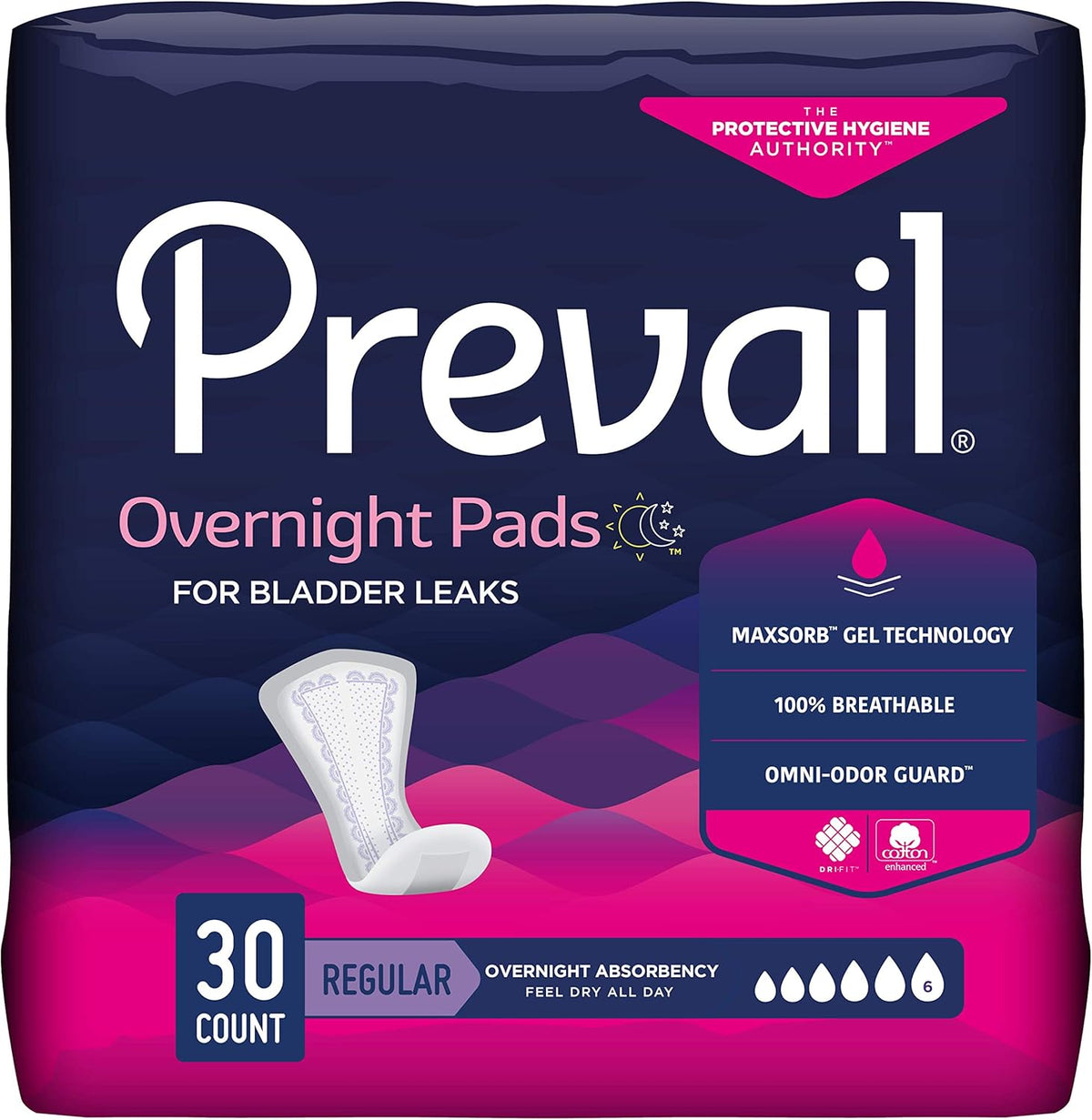 Prevail Proven Overnight Absorbency Incontinence Bladder Control Pads thirty count bag front view