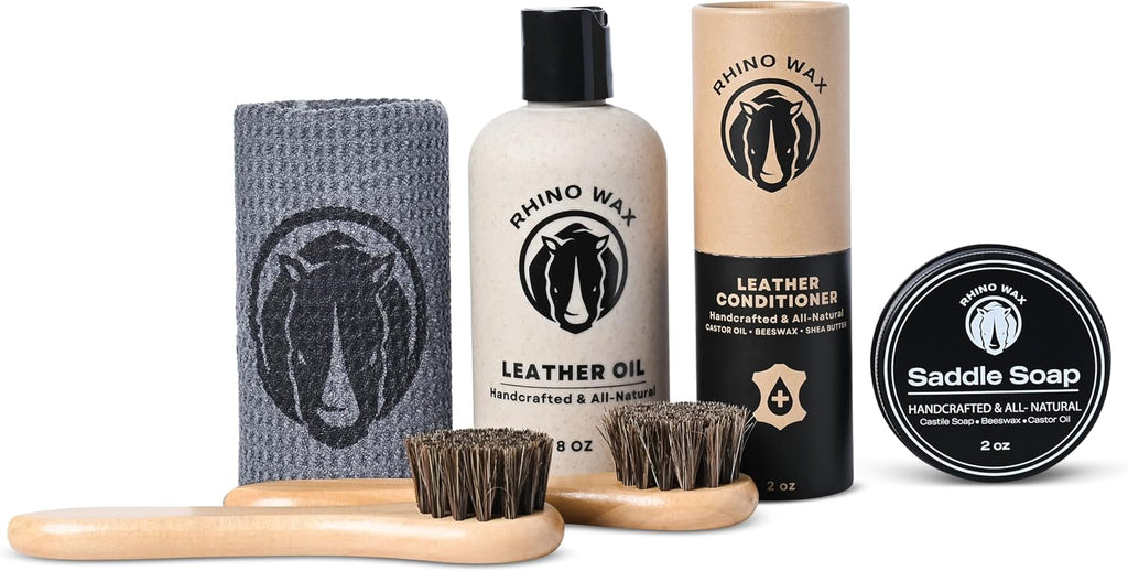 Rhino Wax Tack Care Leather Maintenance Kit front view showing complete cleaning system bundle.