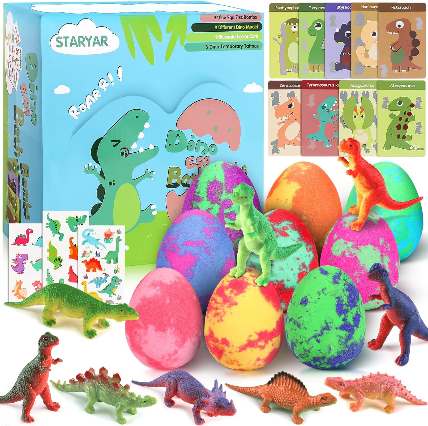 STARYAR dinosaur bath bombs for kids 9-pack front gift packaging view