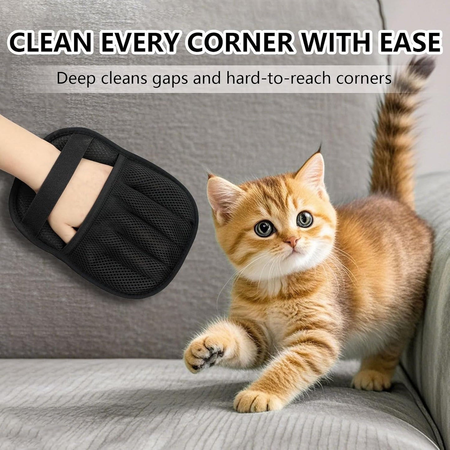 Breathable mesh backing and wrist strap detail of black pet fur remover glove