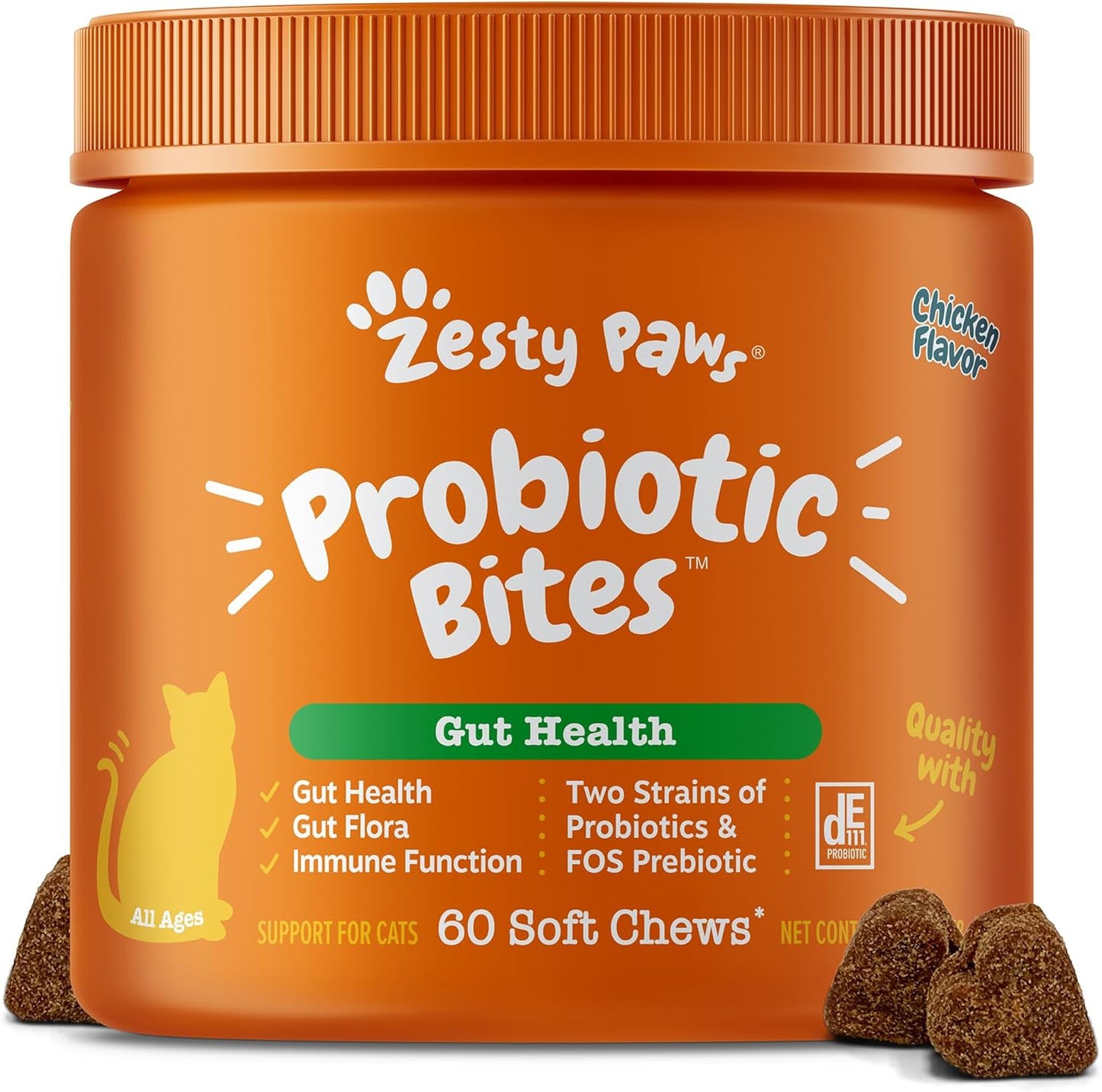 Zesty Paws Probiotic Bites for Cats front view container of imported feline digestive supplement