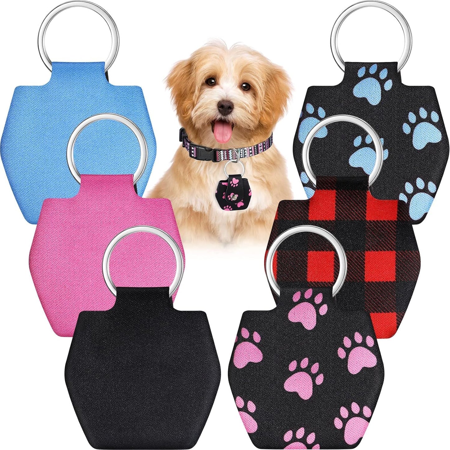 Reginary 6 pieces dog tag silencer front view showing six different colorful paw and plaid patterned pouches.