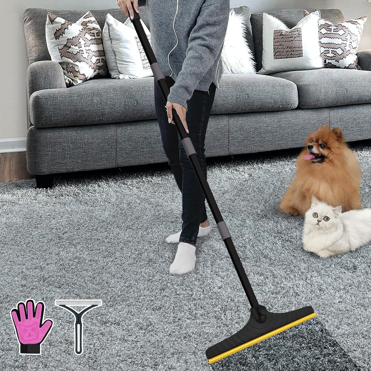 B-Land carpet rake storage and adjustable handle mechanism