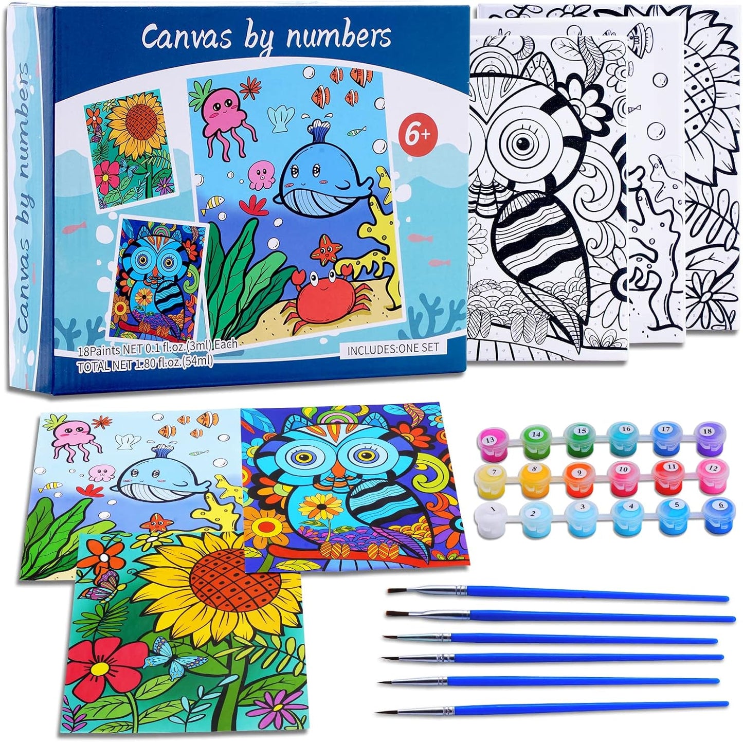 Volmop 3 Pack Paint by Numbers Kit for Kids front view of product packaging featuring underwater whale design.