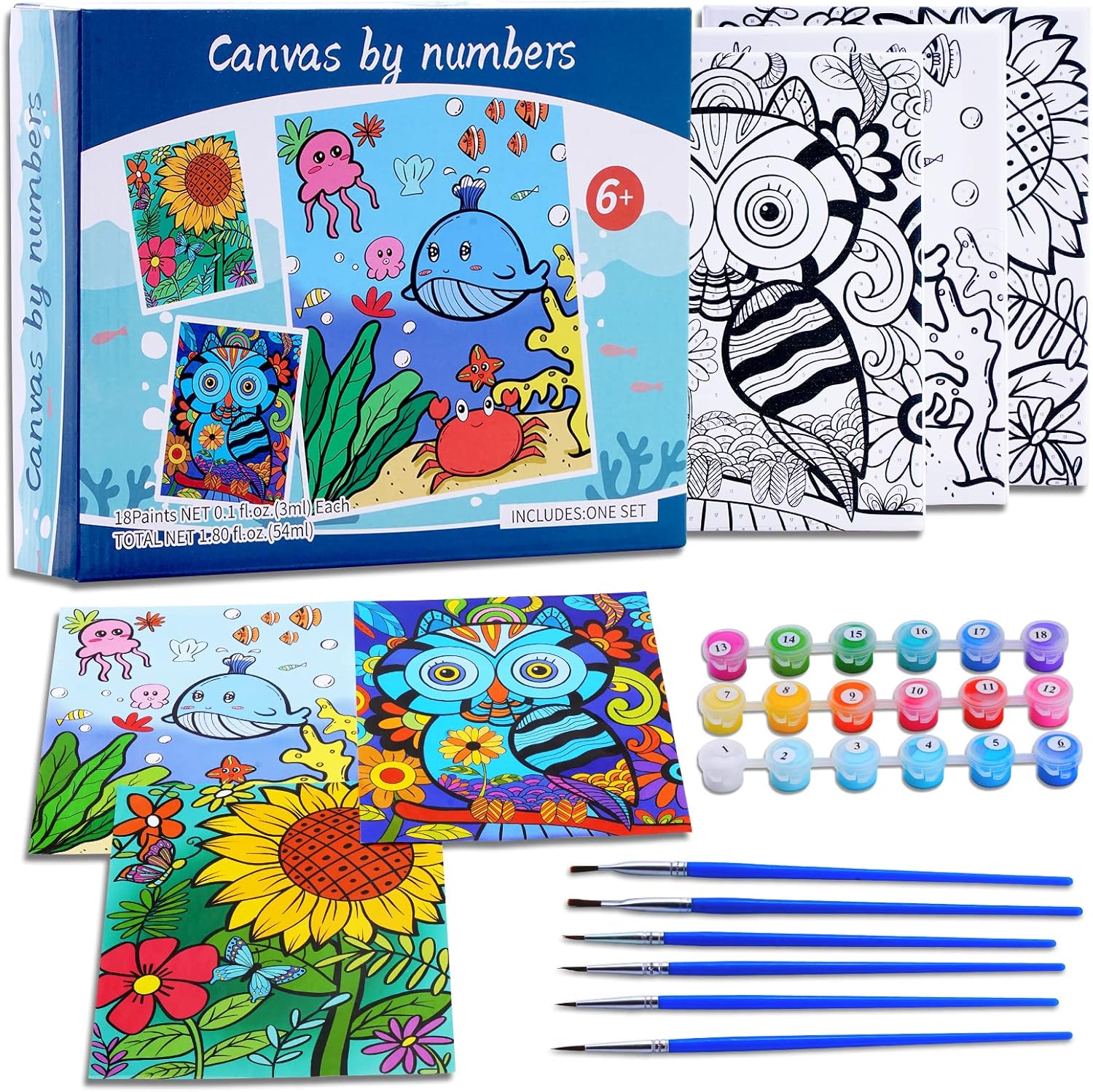 Volmop 3 Pack Paint by Numbers Kit for Kids front view of product packaging featuring underwater whale design.