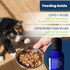 Cat digestive enzyme liquid drops being measured with a teaspoon