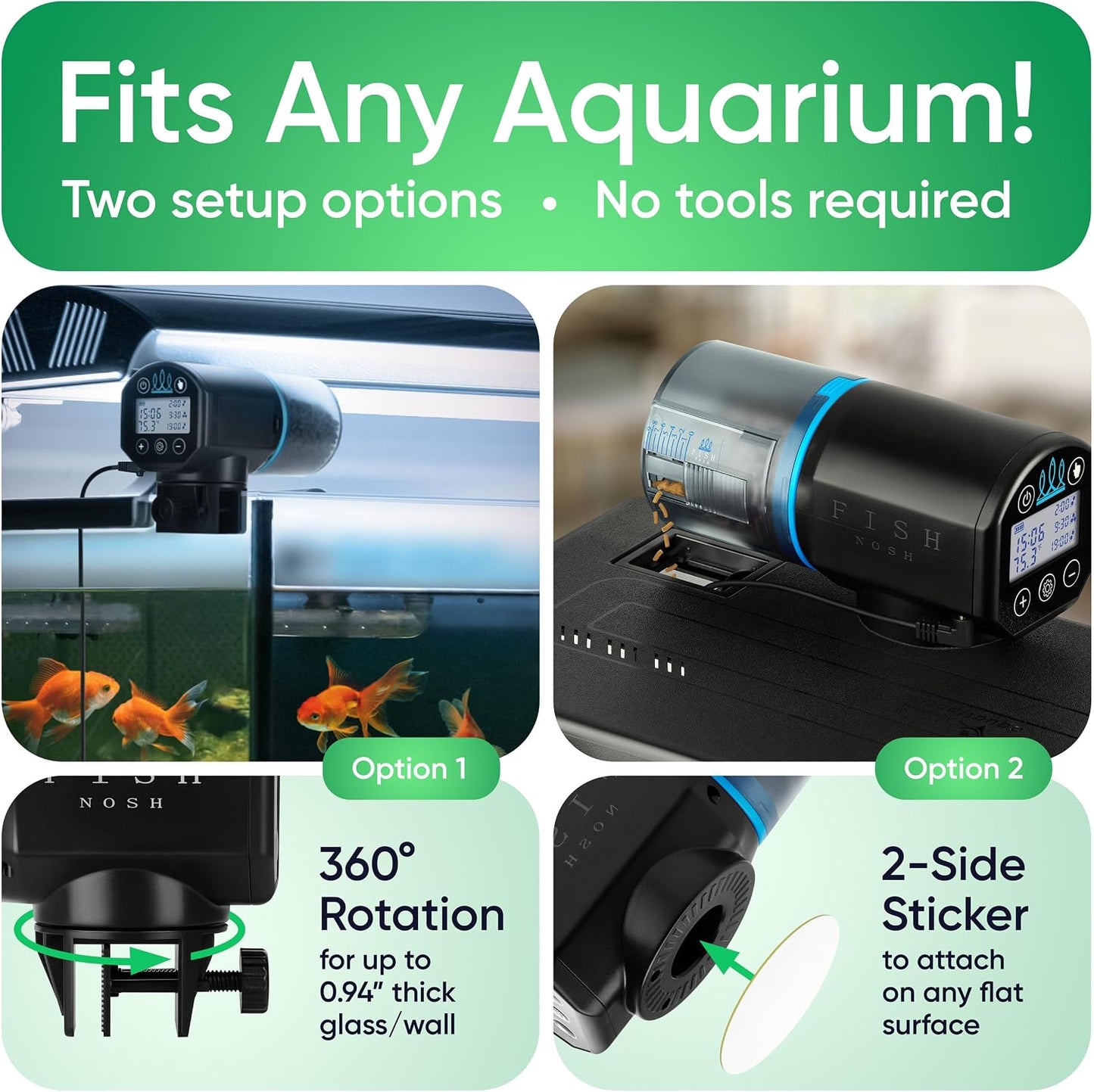FISHNOSH fish food timer showing three hundred sixty degree rotation feature