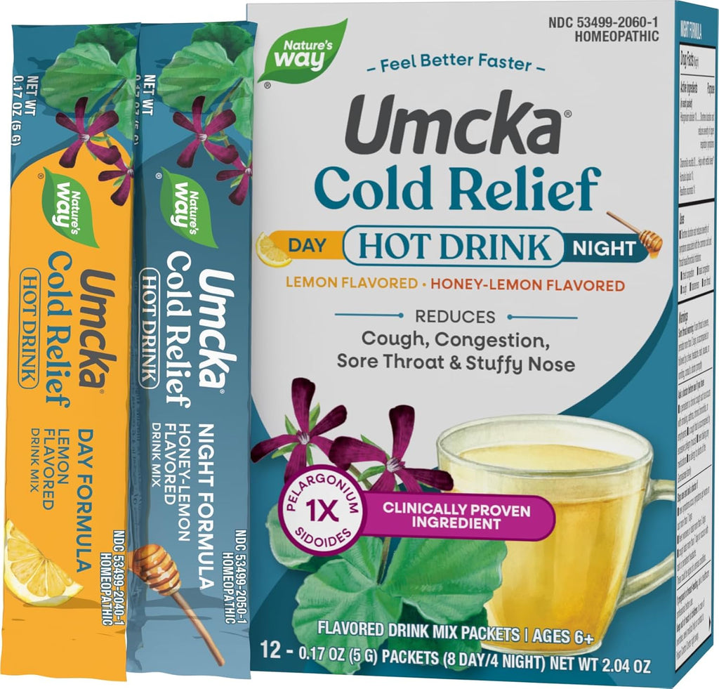 Nature's Way Umcka Cold Relief Hot Drink front packaging highlighting Pelargonium sidoides 1X.