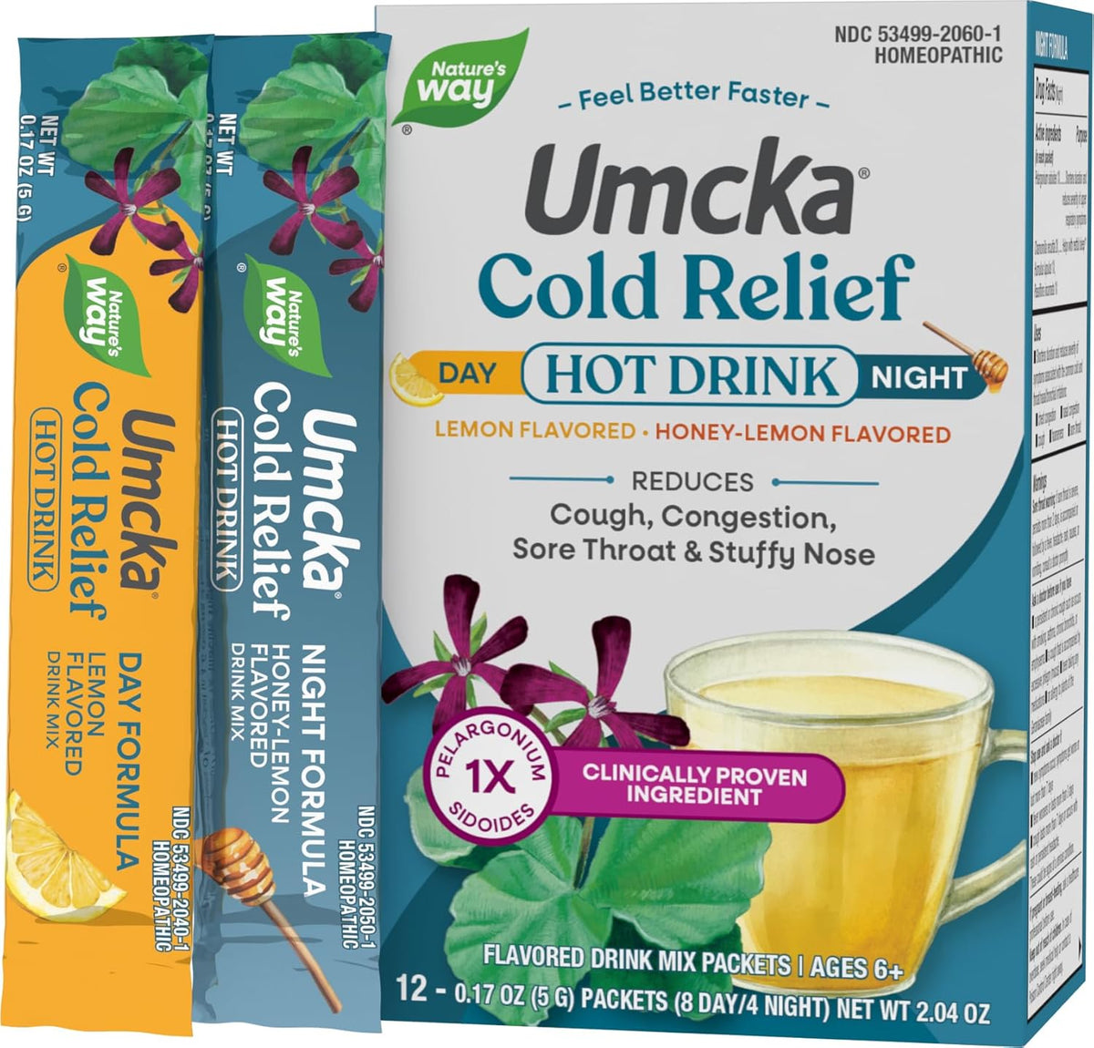 Nature's Way Umcka Cold Relief Hot Drink front packaging highlighting Pelargonium sidoides 1X.