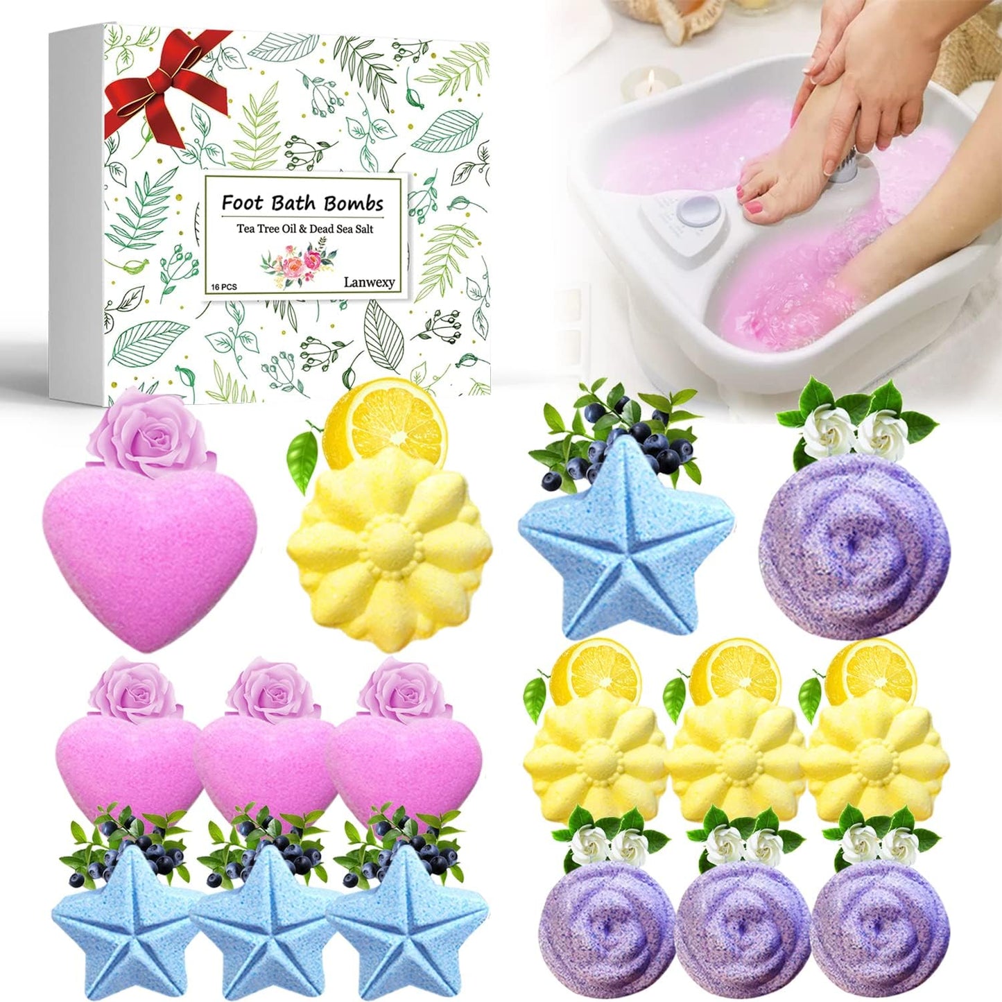 Lanwexy Bath Foot Bombs 16 pack front view with tea tree oil