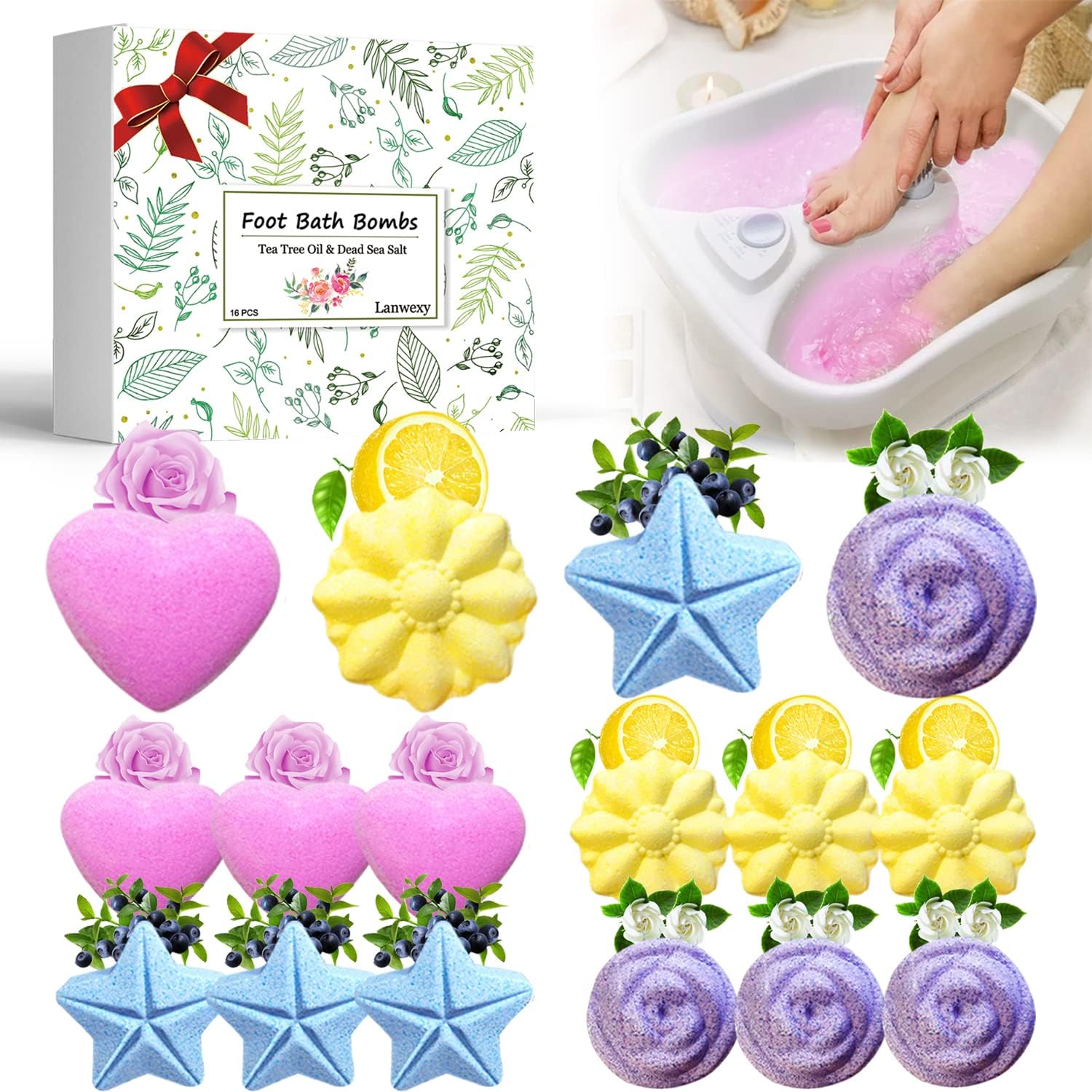 Lanwexy Bath Foot Bombs 16 pack front view with tea tree oil