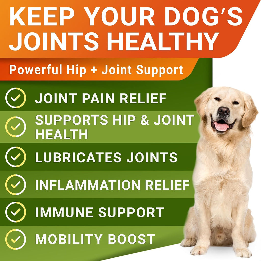 Back label of StrellaLab hip and joint supplement for dogs featuring the weight-based daily dosage guide.