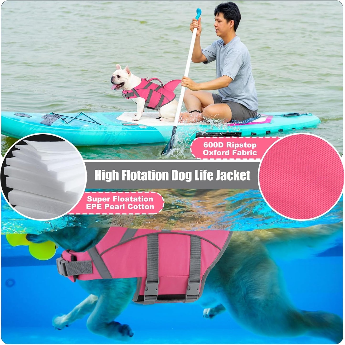 Doglay high buoyancy dog life vest showing the reinforced non slip rescue handle close up