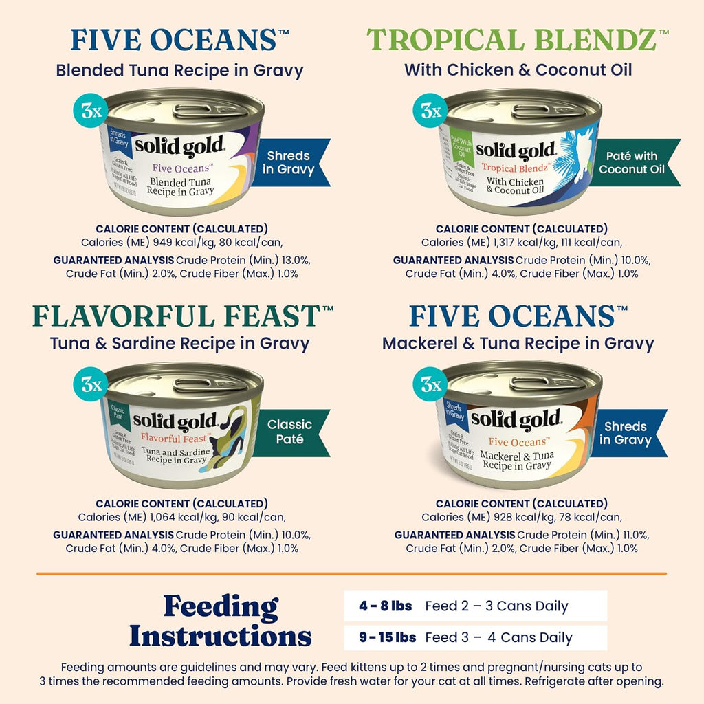 Solid Gold Wet Cat Food Variety Pack - Pate & Shreds in Gravy - Healthy Canned Cat Food Pate w/Real Chicken, Tuna, Mackerel & Sardine - Grain Free & Gluten Free Can Meals for Cats & Kittens - 12ct/3oz - Image 9