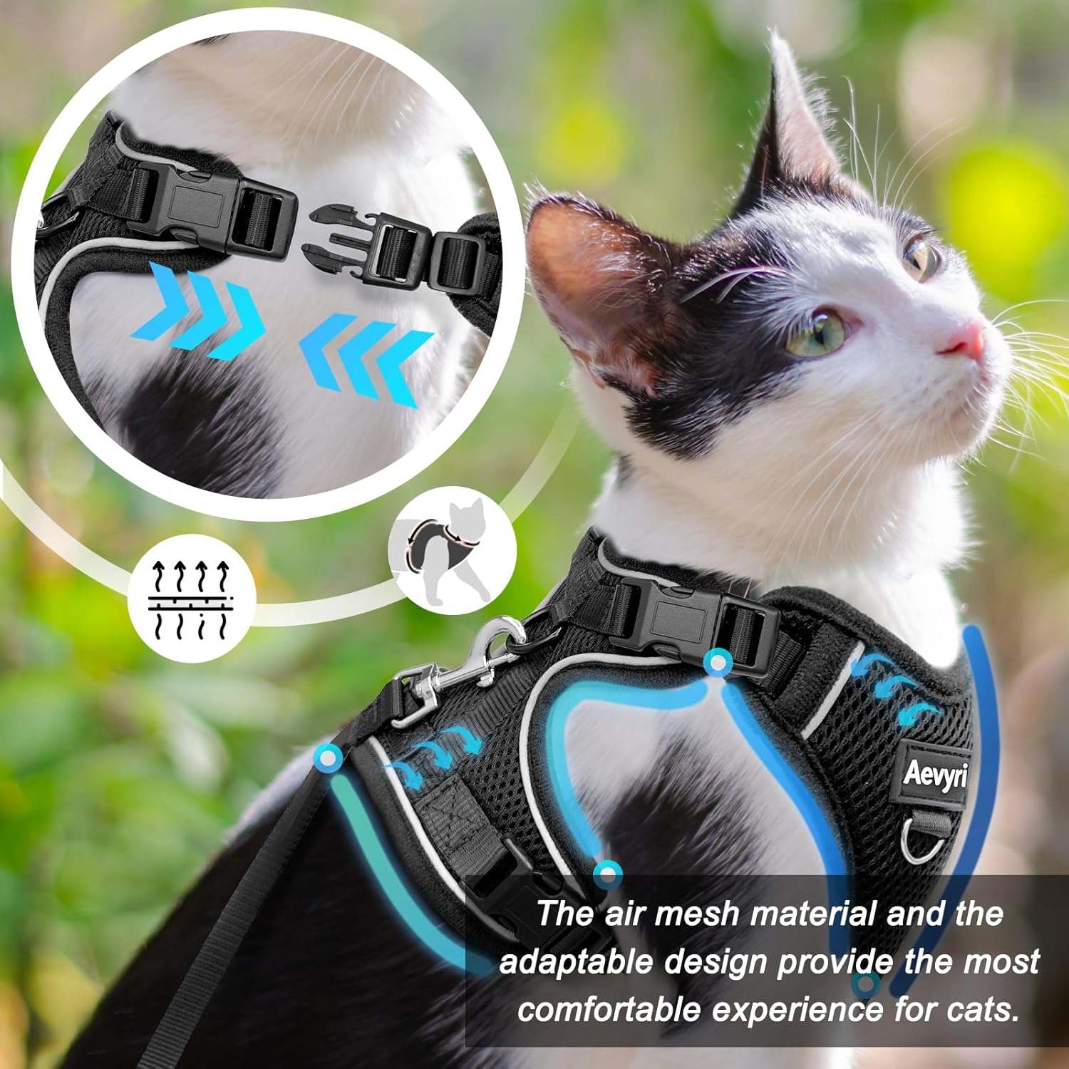 Black breathable mesh pet vest for cats with reflective strips