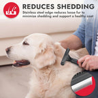 Ergonomic non slip red and gray handle with built in thumb rest on KONG dog brush