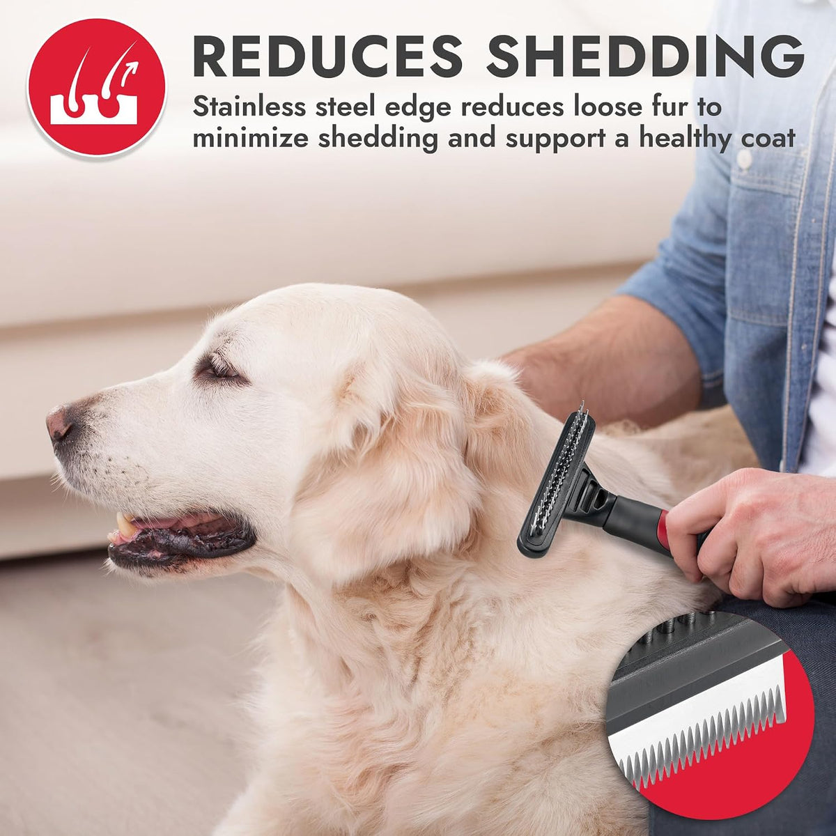 Ergonomic non slip red and gray handle with built in thumb rest on KONG dog brush