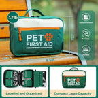 Rhino Rescue Dog First Aid Kit with digital thermometer, tick remover, and gauze pads arranged outside.